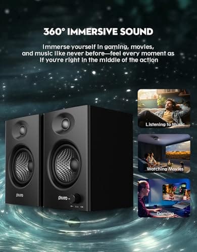 OHAYO 60W Computer Speakers for Music and Gaming, Active Bluetooth 5.3, Stereo 2.0 Speakers for Desktop PC or Laptop, 3.5mm Aux RCA USB Input, 1 Pair, Black