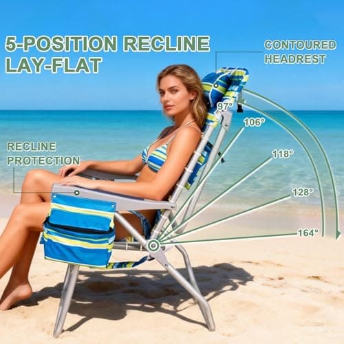 Romswi Tall Beach Chair Extra Wide for Adults, 17" High Seat Backpack Beach Chair with Cooler Bag, Cup & Phone Holder, 5-Position High Back Reclining Chair with Towel Bar & Zipper Pocket, Blue Stripes