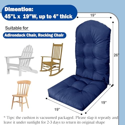 Adirondack Chair Cushion, Thick Indoor/Outdoor Rocking Chair Cushion with High Elasticity PP Cotton Water-Resistant Patio Furniture Cushions High Back Seat Pads for Porch Yard Lawn Chairs 44x19x4