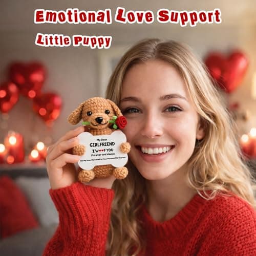 Funny Dog Mothers Day Girlfriend Gf Gifts, Anniversary Birthday Gifts for Girlfriend from Boyfriend, Mini Cute Cool Stuff Things Romantic I Love You Presents, Small Happy Crochet Rose Dog Puppy