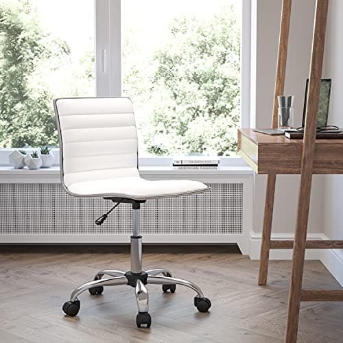 Flash Furniture Alan Low-Back Ribbed Upholstered Vinyl Swivel Desk Chair with Padded Seat, Modern Adjustable Height Padded Office Chair, White