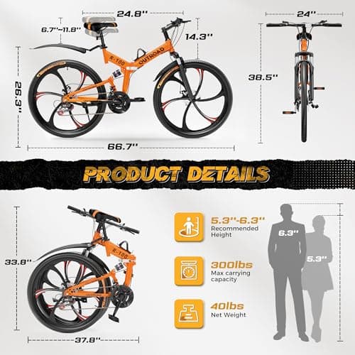 Outroad 26 Inch Folding Mountain Bike, 21 Speed Full Suspension High-Carbon Steel MTB Foldable Bicycle, Dual Disc Brake Non-Slip Folding Bikes for Adults/Men/Women, Black, Orange and Green