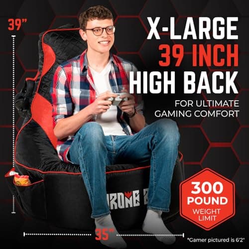 Throne Boss Gaming Bean Bag Chair Cover for Adults with High Back, Red – Large Floor Gaming Chair Cover, Easy to Clean Fabric, Large Pockets, Headphone Hanger, Requires 350 Liters Polystyrene Beans
