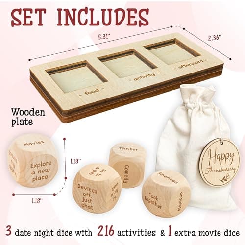 5 Year Anniversary Wood Gift for Him Her - 5th Anniversary Wedding Gifts for Wife Husband, Five Years of Marriage Date Ideas, Wooden Game Date Night Dice for Couples