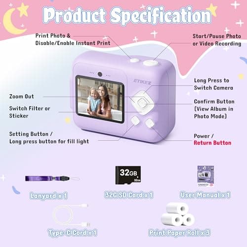 Kids Camera, 1080P Instant Digital Print Camera for Kids, Christmas Birthday Gifts for 4 5 6 7 8 9 10 Year Old Girls Boys, Portable Toy with 32GB SD Card & 3 Rolls Printing Paper, Purple