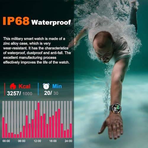 Military Smart Watches Built-in GPS, 170+ Sport Modes for Men with Flashlight, Smartwatch for Android Phones and iPhone, 1.43" AMOLED Screen Bluetooth Call Compass Altimeter (Black & Orange (2 Bands))