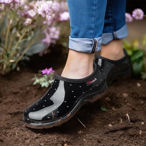 HISEA Waterproof Garden Shoe for Women Outdoor Slip-On Rain Boots Rubber Rain Shoes Short Ankle Booties and Garden Clogs with Comfort Insole