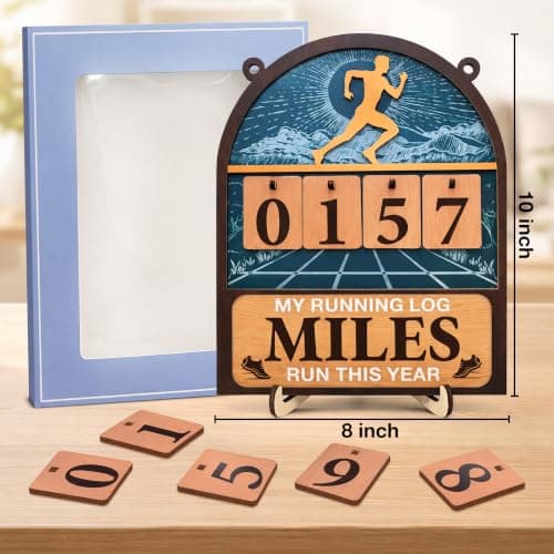 Wooden Yearly Running Log Counter Home Decor, Marathon Runner Gifts Miles Run This Year Tracker Sign Running Gifts for Runners Men Women B0GKP9JPVN