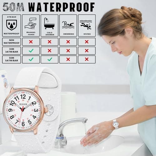 TKIIOER Nurse Watch for Nurse Medical Professionals Students Women Men, 50M Waterproof 12/24 Hour Military Time Luminous Easy Read Dial, Second Hand Watch for Nursing