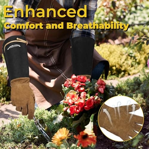 HANDLANDY Long Gardening Gloves for Men & Women, Pigskin Leather Rose Pruning Gloves, Breathable Thorn Proof Gauntlet Glove (Brown-Pigskin, M)