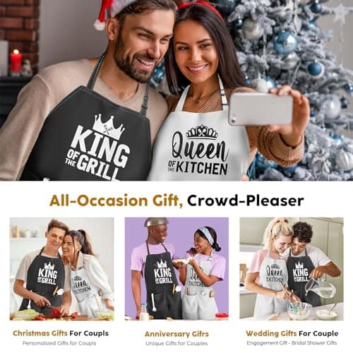 King & Queen Apron Set - Wedding Engagement Gifts for Couples, Funny Kitchen Gifts for Couples, Husband, Wife, Boyfriend, Girlfriend, Him Her, Bridal Shower Gifts, Unique Valentine's Day gifts ideas