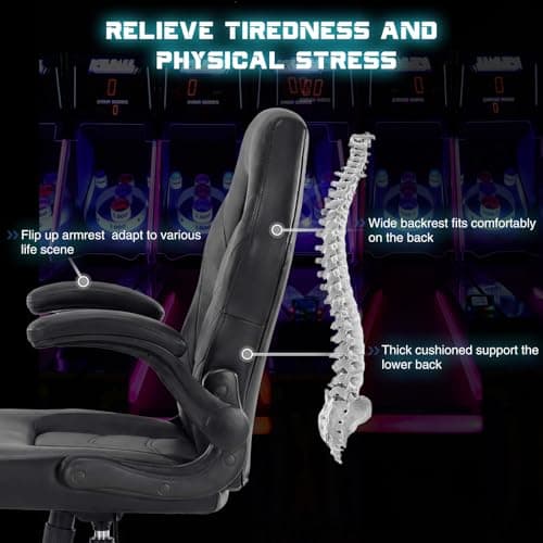 Sweetcrispy Computer Gaming Desk Chair - Big Tall Ergonomic Lumbar Support with Flip-up Armrest and 360° Swivel Wheels, PU Leather Height Adjustable, for Home and Office, Black