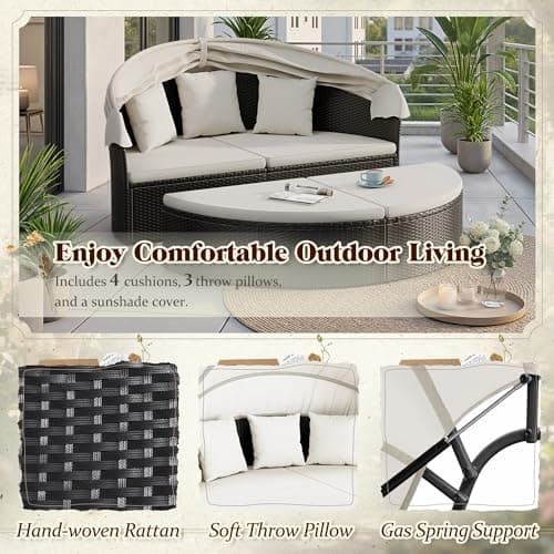 Devoko Patio Furniture Outdoor Round Daybed with Retractable Canopy Wicker Rattan Separated Seating Sectional Sofa for Patio Lawn Garden Backyard Porch