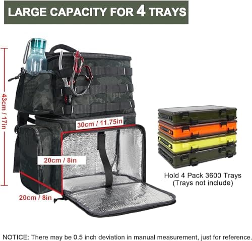 Water Resistant Fishing Bag Fits 4 3600 Trays, Large Wide Open Tackle Box Backpack, Gifts for Fishermen MATEIN Fishing Backpack, Tackle Storage Bag with Rod Holders & Cooler B09PTHT4H5