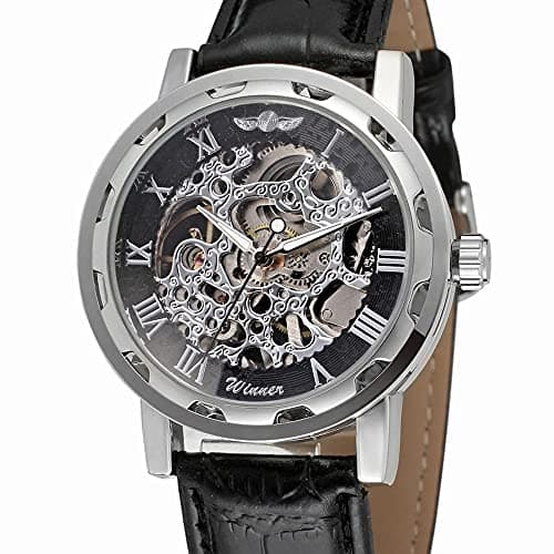 Weicam Men's Fashion Mechanical Wristwatch Transparent Dial with Skeleton Design Leather Band Automatic Manual-Winding Watch