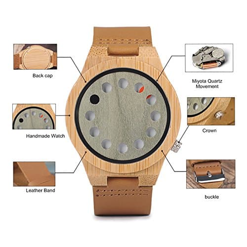 BOBO BIRD Men's Bamboo Wooden Watch with Black Cowhide Leather Strap 12 Holes Timer Design Sports Casual Watches