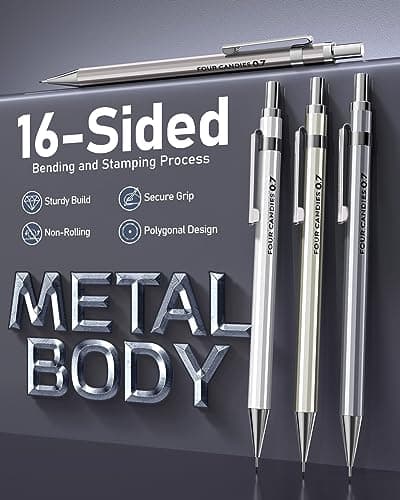Four Candies 0.7mm Mechanical Pencil Set with Case - 4PCS Metal Mechanical Pencils, 8 Tubes HB #2 Lead Refills, 3PCS 4B Erasers and 9PCS Eraser Refills, Lead Mechanical Pencils for Writing & Drawing