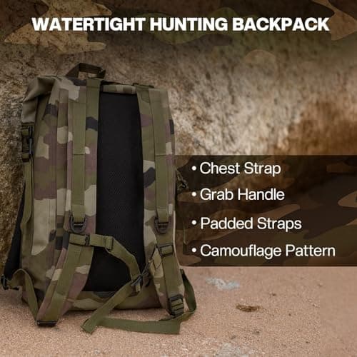 Dead Bird Enterprises Roll Top Waterproof Backpack, 25L Camouflage Pattern Dry Bag with MOLLE Loops and Adjustable Straps, WaterTight Duck Hunting Backpack for Camping, Hiking and Outdoor Travel