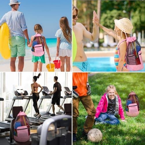 Beach toy bag，mesh backpack for beach,Beach Must Haves Sand Box Toys Seashell Bags，Waterproof Swim Mesh Beach Bag (1, Pink)