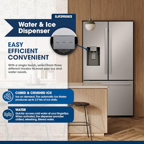 Sharp SJF2955KS 28.9 cu. ft., 3-door French Door Refrigerator, Ice/Water Dispenser, Advanced Cooling Plus System, Chill-Boost & Freezer-Boost, Automatic Dual Ice Maker Garage Ready, Stainless Steel