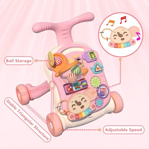 QDRAGON 3 in 1 Baby Walker and Activity Center for Girl, Learning to Walk, Sit to Stand, Early Educational Push Toys with Music Panel for Infant Toddler 12+ Months Pink