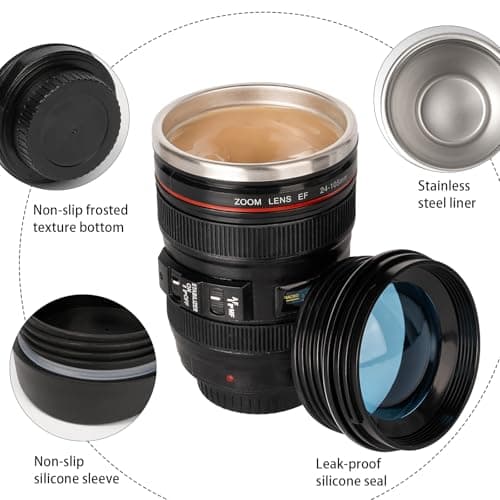 Camera Lens Coffee Mug,Travel Coffee Cup,Stainless Steel Lens Mug Thermos Camera Mugs with Lid and Spoon,Cool Gifts for Photographers Men and Women