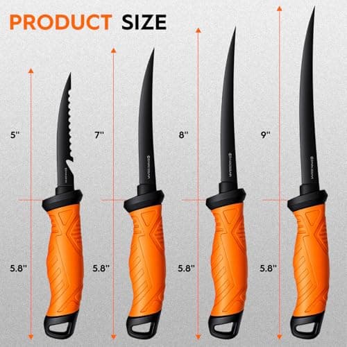 BasicGear Fishing Fillet Knife Set of 4 – 5”, 7”, 8”, 9” 440C Stainless Steel Knives with Non-Stick Blades, Sheaths, Sharpener, and Carry Bag – Deboning and Filleting Tools for All Fish Types