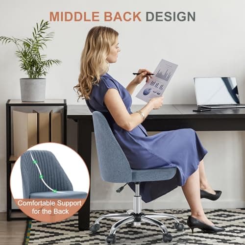 DUMOS Office Chair, Comfy Desk Chair Rolling Vanity Swivel Task Chairs with Wheels, Wide Seating Armless Height Adjustable Computer Chairs for Home,Bedroom,Student,Adults, Blue