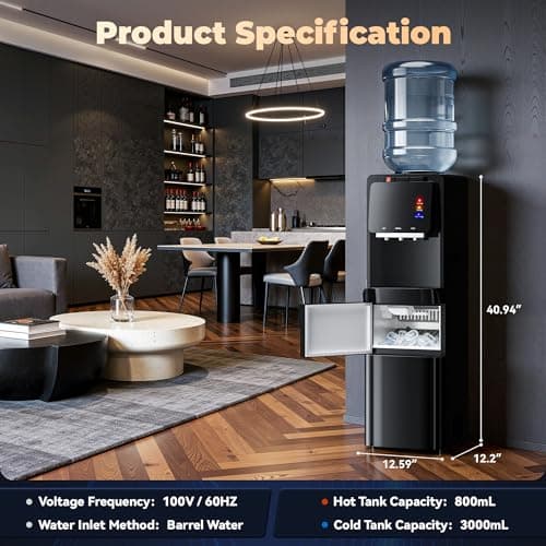 Tehanld Water Dispenser with Ice Maker, 4-in-1 Top Loading Water Cooler with Hot, Cold & Room Temp Water, 35lbs/Day Fast Ice Making, Child Safety Lock, Fits 2-5 Gallon Bottles for Home & Office