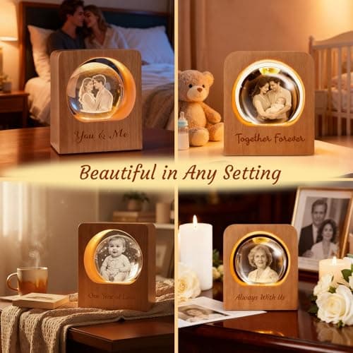 Personalized 3D Photo Crystal Ball, Memorial Gifts, Custom Engraved Picture Lamp with Wood Base, Color Changing Crystal Globe for Pets, Couples, Babies, Parents, Birthdays, Anniversaries(Circle)