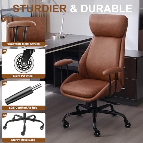 E-Motie Office Chair, Leather Desk Chair with Rubber Wheels, Ergonomic Computer Chair 500 LBS with Lumbar Support, High Back Executive Chair for Modern Home Office, Brown