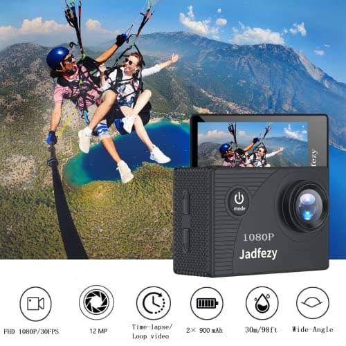 Jadfezy Action Camera FHD 1080P with 32GB Card, 98FT/30M Underwater Waterproof Camera with 2 Rechargeable Batteries, Wide Angle Sports Camera with Accessories Kit Suitable for Helmet, Bicycle, etc.