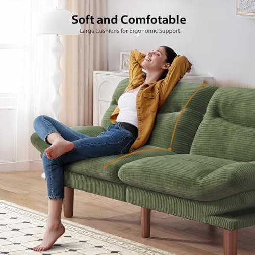 Pipishell 75" Futon Sofa Bed, Convertible Corduroy Space-Saver Couch with Adjustable Back & Armrests, Recliner Sleeper for Small Apartments, Office, Guest Room (Green) | Space-saver