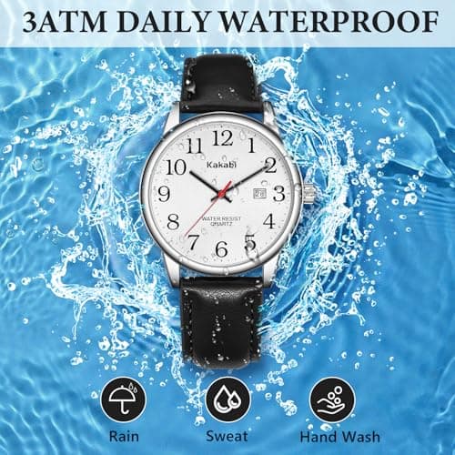 Kakabi Watch for Men, Easy Reader Unisex Analog Quartz Waterproof Wristwatch with Date and Leather Band, Casual Simple Fashion Mens Watches Gift