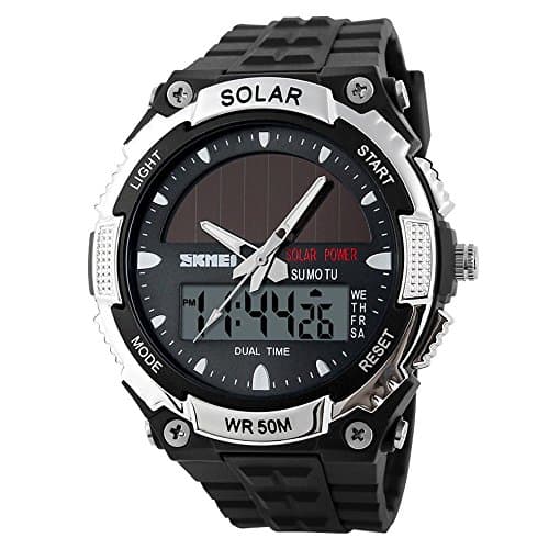 MASTOP Solar Powered Energy Watch for Men Military Digital Multifunctional Led Luminous Indication 2 Time Zone 50m Waterproof Watch Reloj Solar para Hombre