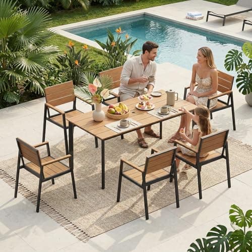 Outdoor Dining Set, Patio Table and Chairs Set with Umbrella Hole, 7 Pieces HDPS + Aluminum Patio Dining Furniture Set for Backyard, Garden (Gray & Teak)