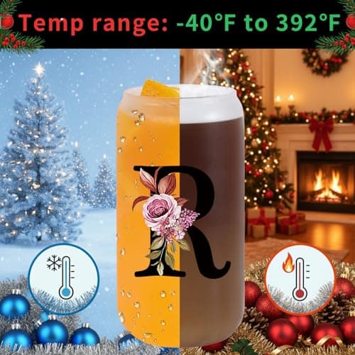 Monogrammed Glass Drinking Cup With Lid Straw Women Happy Birthday Christmas Xmas Day Holiday for Female Teacher Aunt Big Small Sister in Law Mother Stepmother Weding Groom Bride Officiant Gift,R