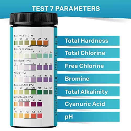 JNW 7-in-1 Pool Test Strips, 150 Quick & Accurate Test Strips for Pool Water, Spa Test Strips for Hot Tub, Chlorine Test Strips, Bromine, pH, Alkalinity, Hardness & More - Swimming Pool Test Kit