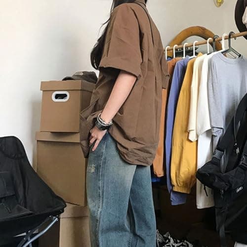 UICIOP Korean Version Women's Shirt Retro Lapel Button up Shirt Women's Summer Loose Casual Short Sleeved top