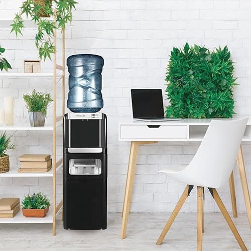 Frigidaire 3-in-1 Hot or Cold Top-Load Water Cooler Dispenser, 5 Gal Bottle, Built-in Bullet Ice Maker, Compact, Black