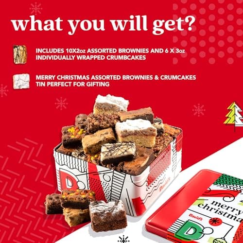 David's Cookies Merry Christmas Assorted Brownies & Crumb Cake Gift Tin 16pcs - Delicious, Fresh Baked Snacks, Gourmet Chocolate Fudge Slices, Brownies, Ideal Gift for Christmas Holidays