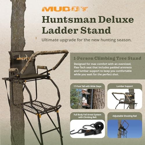 MUDDY 1-Person Huntsman Deluxe Steel Ladder Tree Stand, 17 ft Tall, 300 lb Capacity - Heavy-Duty Hunting Treestand with Lumbar Support Seat, Flip-Back Adjustable Shooting Rail & Silencer Technology