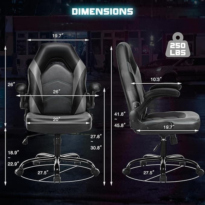 DUMOS Ergonomic Computer Gaming Chair with Flip-up Armrest, Height Adjustable PU Leather Home Office Desk Chair with Lumbar Support Swivel Wheels and for Adults and Kids, Black and Gray