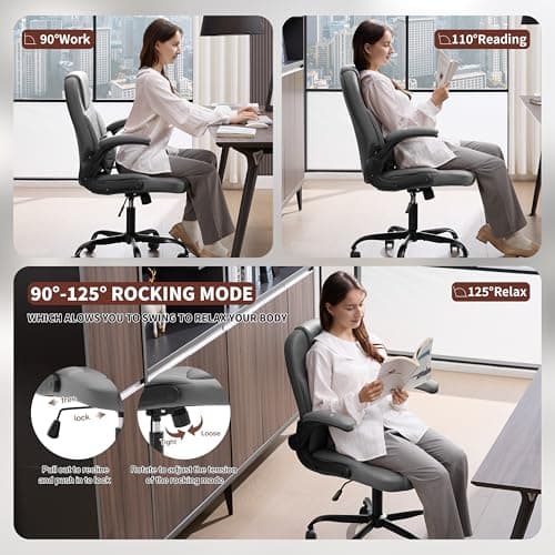 Executive Office Chair PU,Leather Office Chair with Wheels,360° Swivel Rolling Chair with Padded Arms,Ergonomic Computer Chair with Lumbar Support for Short People Use (Grey)