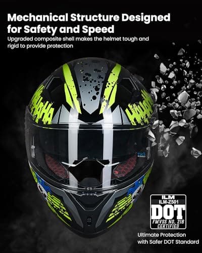 ILM Motorcycle Helmet Full Face with Pinlock Compatible Clear&Tinted Visors and Fins Street Bike Motocross Casco DOT Model Z501(Surprise Yellow, Large)