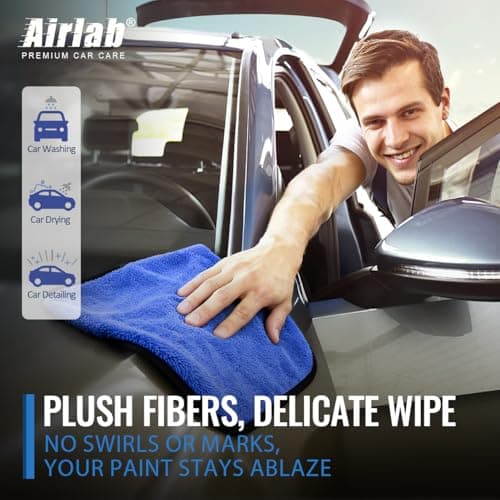 Airlab Microfiber Towels for Cars Wash Drying Thick Plush Cleaning Cloth Auto Detailing Super Absorbent for Interior & Exterior Lint Free, Streak Free, 16" X 16", 800 GSM, Pack of 4
