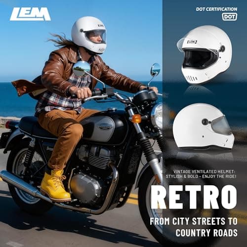 LEM Motorcycle Helmet Full Face for Men and Women, Retro Vintage Classic Open Face Style, Lightweight Fiberglass Shell, DOT Certified, for Cruiser, Cafe Racer, Scooter, Commuter (White, Size XL) Kick