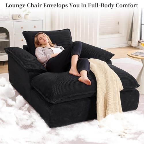 Oversized Chaise Lounge Chair Indoor, 67" Boneless Chaise Lounge with Extra Deep Seat, Comfy Corduroy Upholstered Sleeper Sofa Bed, Cozy Fluffy Single Sofa Armchair for Living Room, Black