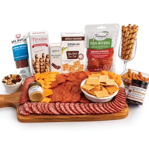 Deluxe Meat and Cheese Gift Basket – Gourmet Charcuterie Assortment Charcuterie Food Items, Meat Cheese Assortment, Food Gifts for Men, Tailgating, Business, Congratulations, Care Packages, Thanksgiving and Christmas Gifts - 11-item Bundle