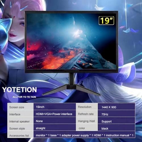 19-inch Full HD 75Hz Small Thin Monitor for laptops, Computers and desktops, HD+ 1440 x 900p, Anti-Glare, LED Display, VGA/HDMI Connection